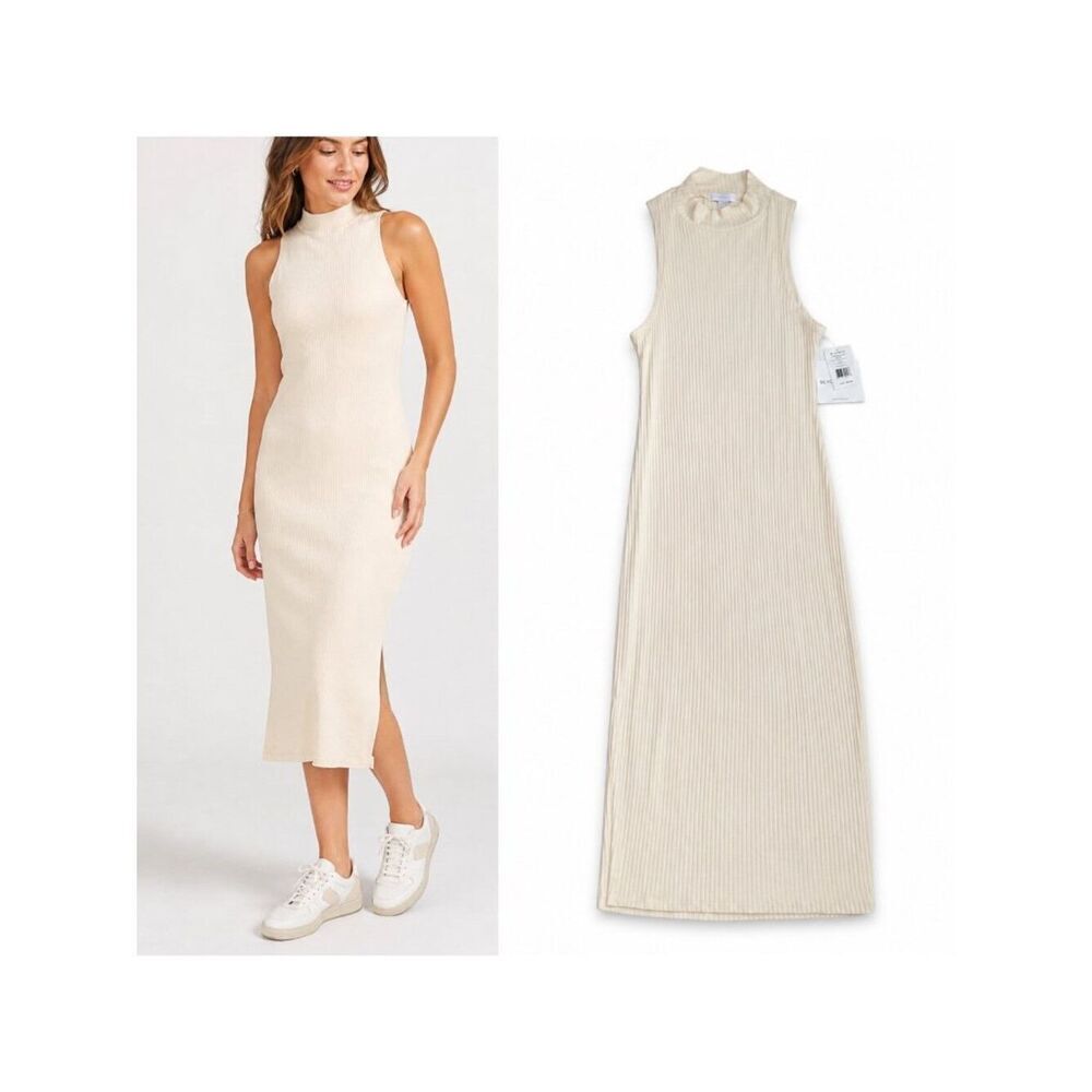 Beyond Yoga Well Traveled Rib Knit Midi Dress Womens S Ivory Mock Neck NWT